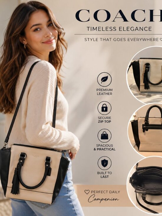 Coach Handbags - Coach Mini Leather Colorblock Satchel Black Cream Crossbody